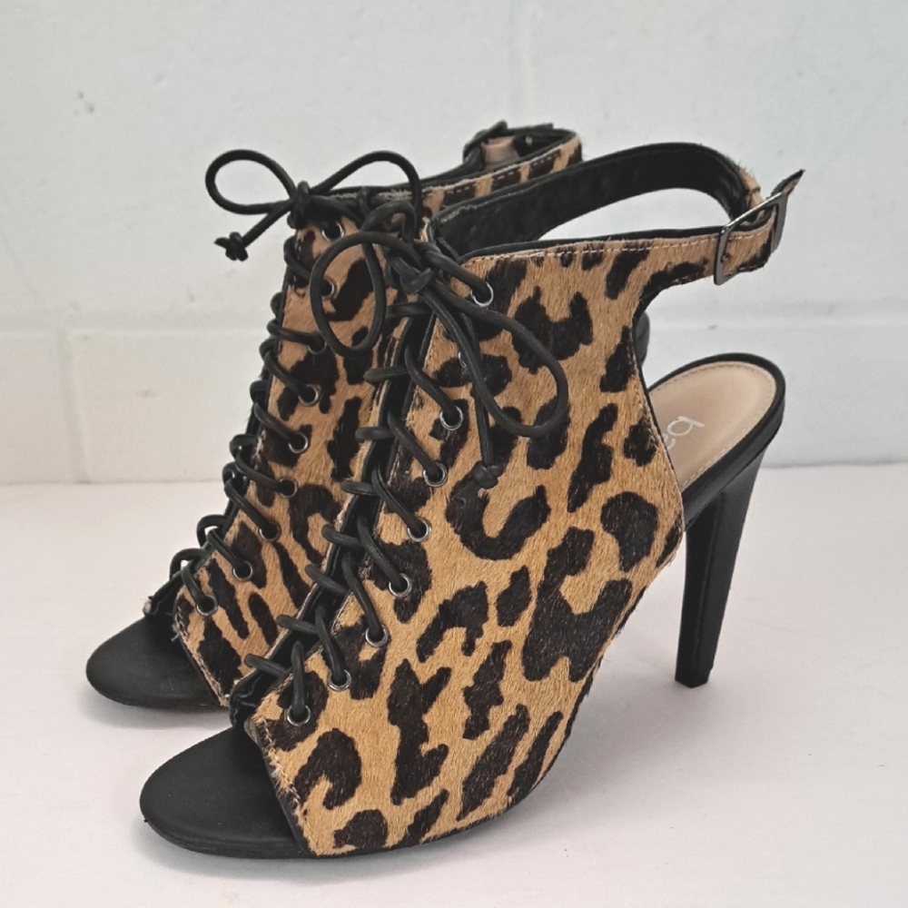 Bar III Adalia Leopard Print Calf Hair Leather Lace-Up Peep Toe Heels Sz6.5